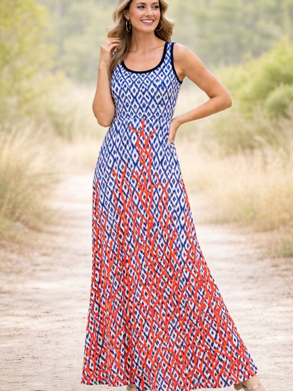 Philosophy Dress Women Sleeveless A-Line Blue Ikat Coral Print NWT size M